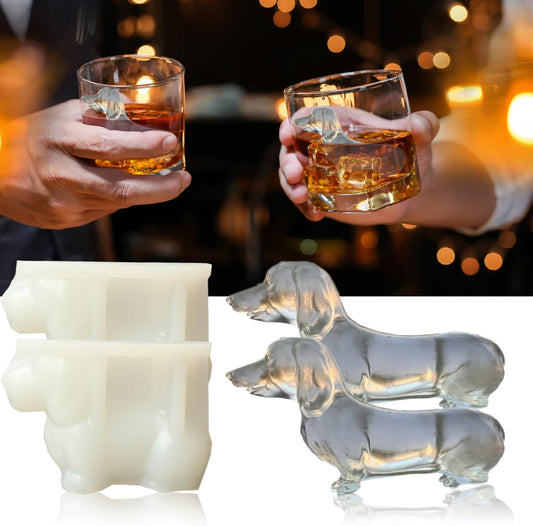 3D Dachshund Ice Cube Tray Molds Silicone for Whiskey, Cocktail, Drink; Fun Animal Shape, Dachshund Weiner Dog Christmas Gifts for Dachshund Dog Puppy Lover, Women, Kids; 2 Pack