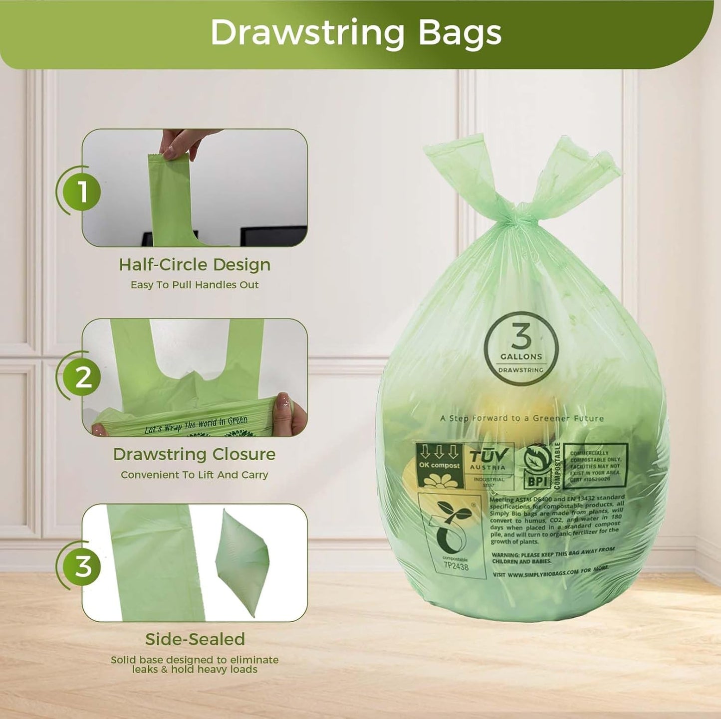 3 Gallon Compostable Trash Bags with Handle-Tie, Thick 0.67 Mil, 11.36 Liter, 80 Bags, Small Kitchen Food Scrap Waste Bag, ASTM D6400, US BPI and OK Compost Home Certified
