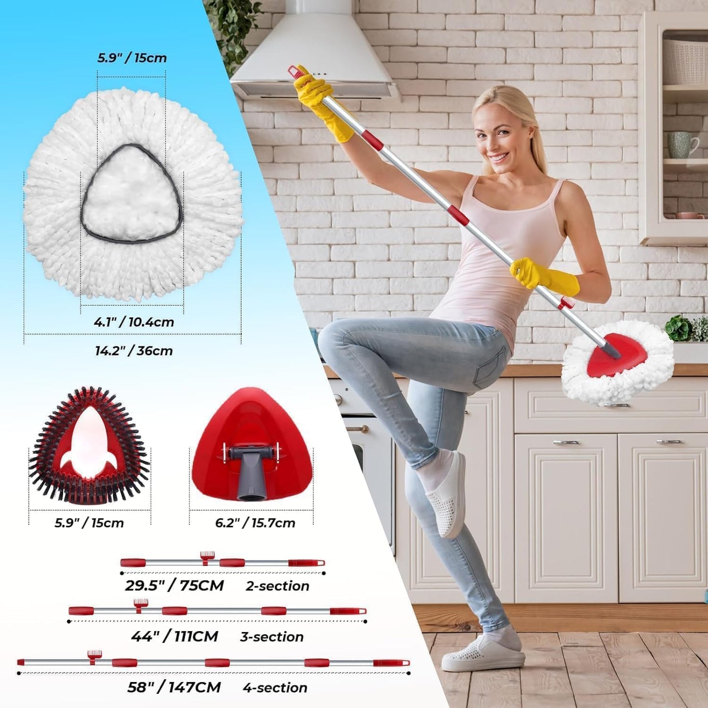 2 Pack Spin Mop Heads Replacement Compatible with O Cedar EasyWring 1Tank, Upgraded Scrub Brush,4 Section Mop Handle and 1 Base Combo Set, Microfiber Replace Head Refill