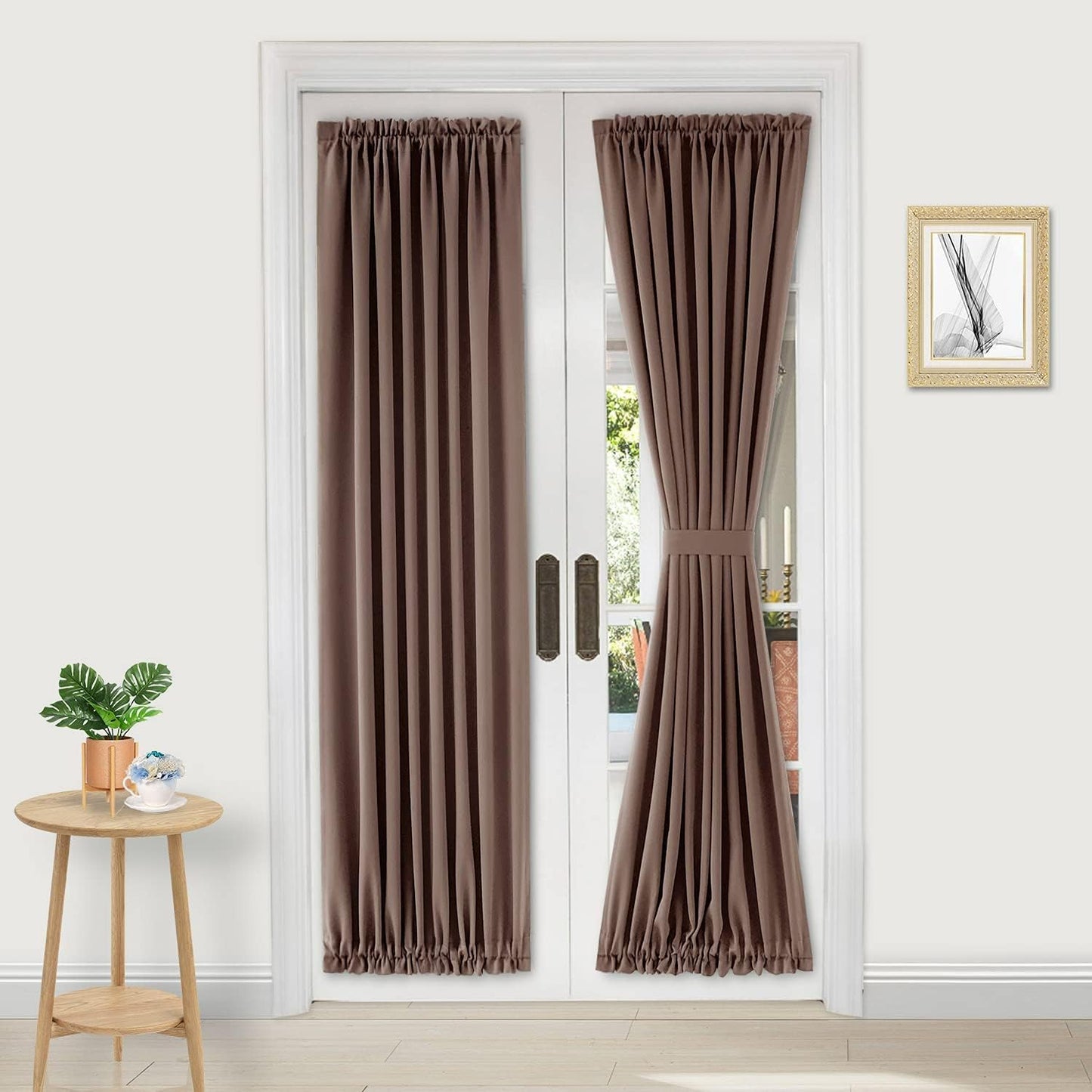 DWCN French Door Curtains – Rod Pocket Thermal Blackout Curtain for Doors with Glass Window, Kitchen and Patio Doors for Privacy, 36 X 72 Inches Long, 1 Curtain Panel with Tieback,Khaki