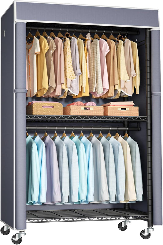 FUTASSI Black Clothing Rack with Grey Cover, P1C Rolling Closets with Wheels, Metal Garment Rack for Hanging Clothes, Clothing Storage Wardrobe, 36.2" W x 16.5" D x 80.5" H, Load 450 Pounds