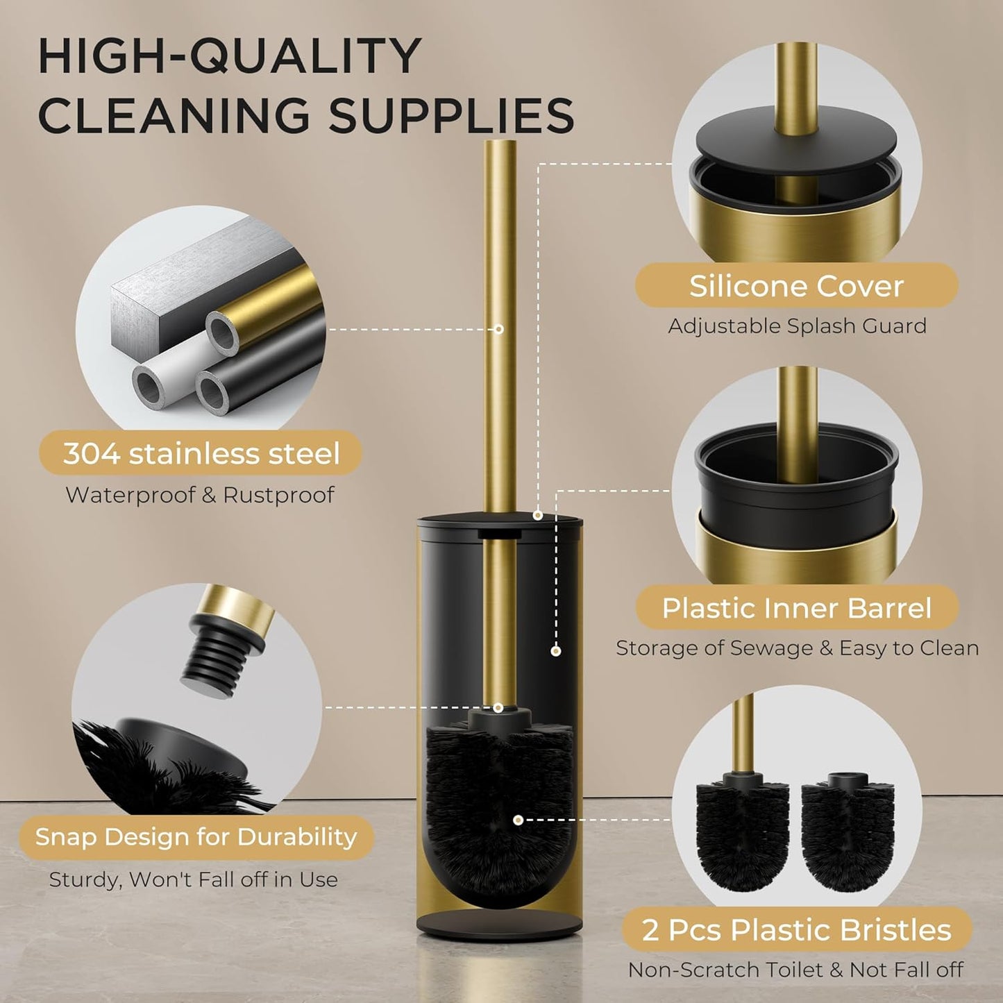 FORIOUS Toilet Brush and Holder Set, 304 Stainless Steel Long Handle and Heavy Duty Base for Bathroom Deep Cleaning, Drip-Proof, Space Saving for Storage, 2 Toilet Bowl Brush Head, Dark Gold