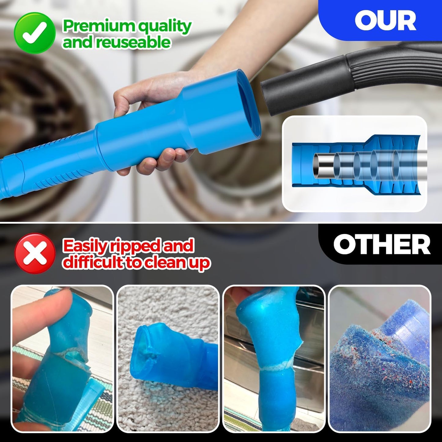 Holikme 2 Pieces Dryer Vent Cleaner Kit, Dryer Lint Vacuum Attachment and Flexible Dryer Lint Brush, Dryer Vent Vacuum Hose Attachment,Blue