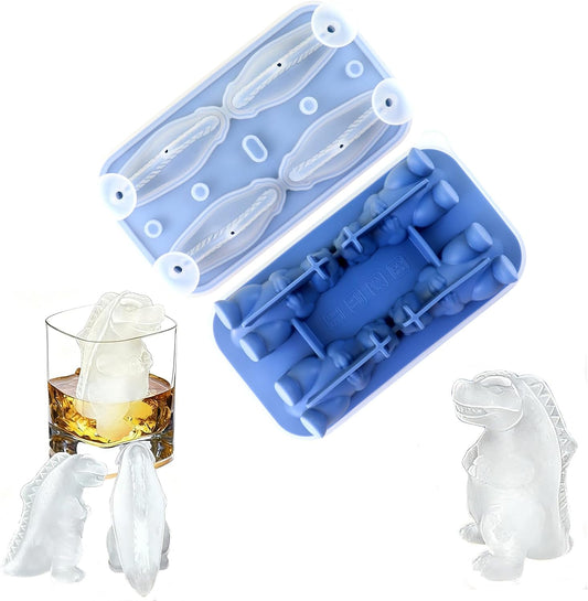 7.48inch Newly Upgraded 4-grid 3D Dinosaur Ice Tray and Covered Silicone Ice Tray, Suitable for Bars, Outdoor and Home Use (1, blue)