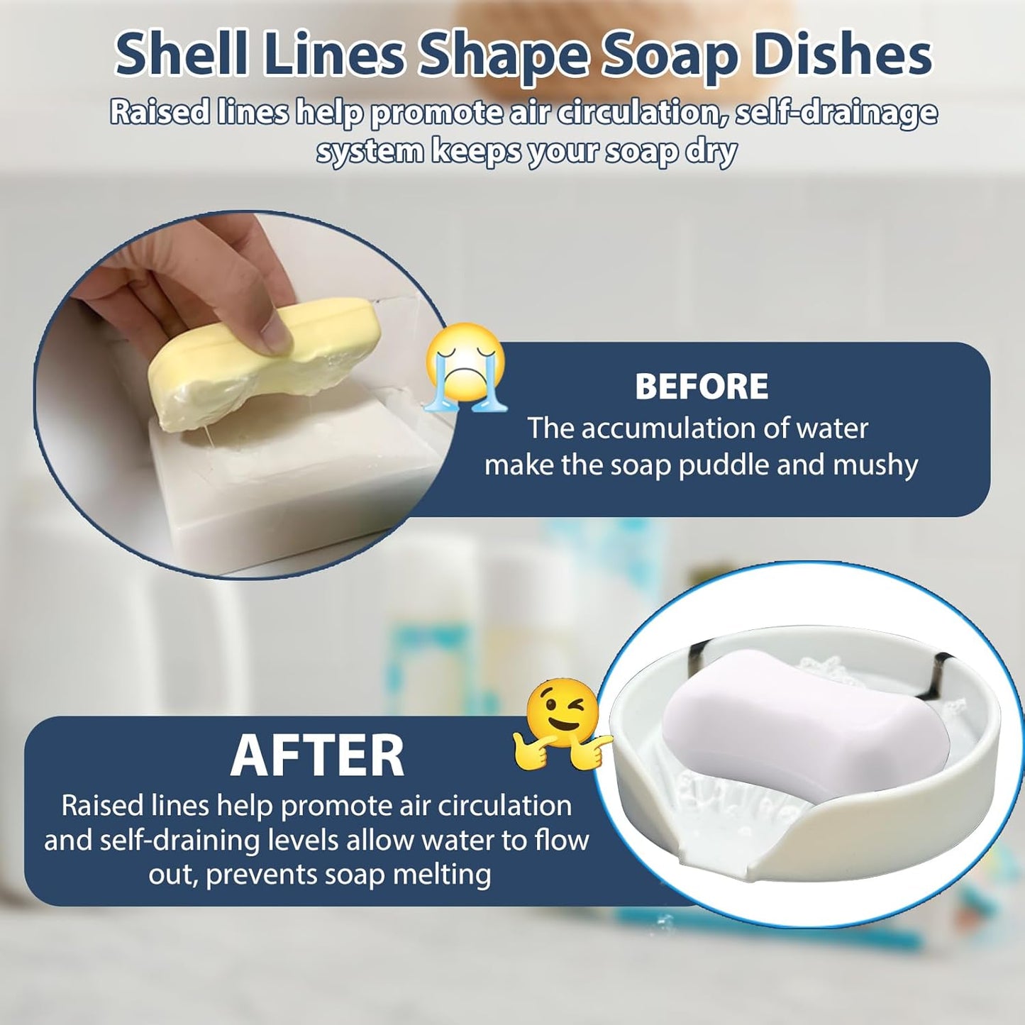 Self Draining Soap Dish, Silicone Suction Cup Soap Holder Tray Savers Container Sponge Holder for Bar Bathroom Shower Kitchen Sink, Can Extend Soap Life (2, White)