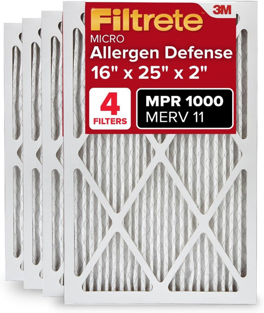 Filtrete 16x25x2 AC Furnace Air Filter, MERV 11, MPR 1000, Allergen Defense, 3-Month Pleated 2-Inch Electrostatic Air Cleaning Filter, 4 Pack (Actual Size 15.5 x 24.5 x 1.75 in)