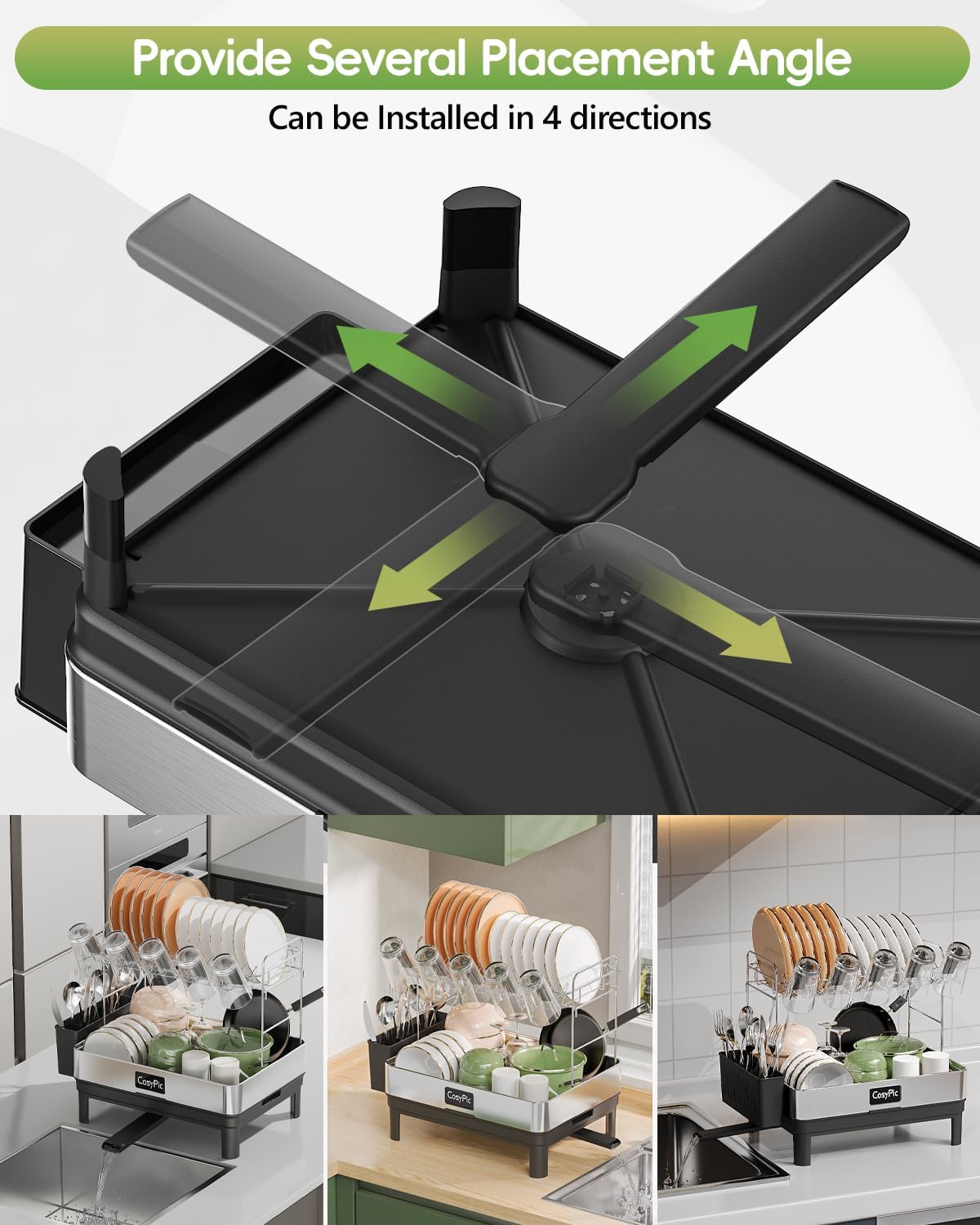 2 Tier Dish Drying Rack, Thicker Premium 304 Stainless Steel Dish Racks for Kitchen Counter, Automatic Drainage Spout, Dish Drainer & Drainboard Set with Utensil Holder and Cup Holder, Black