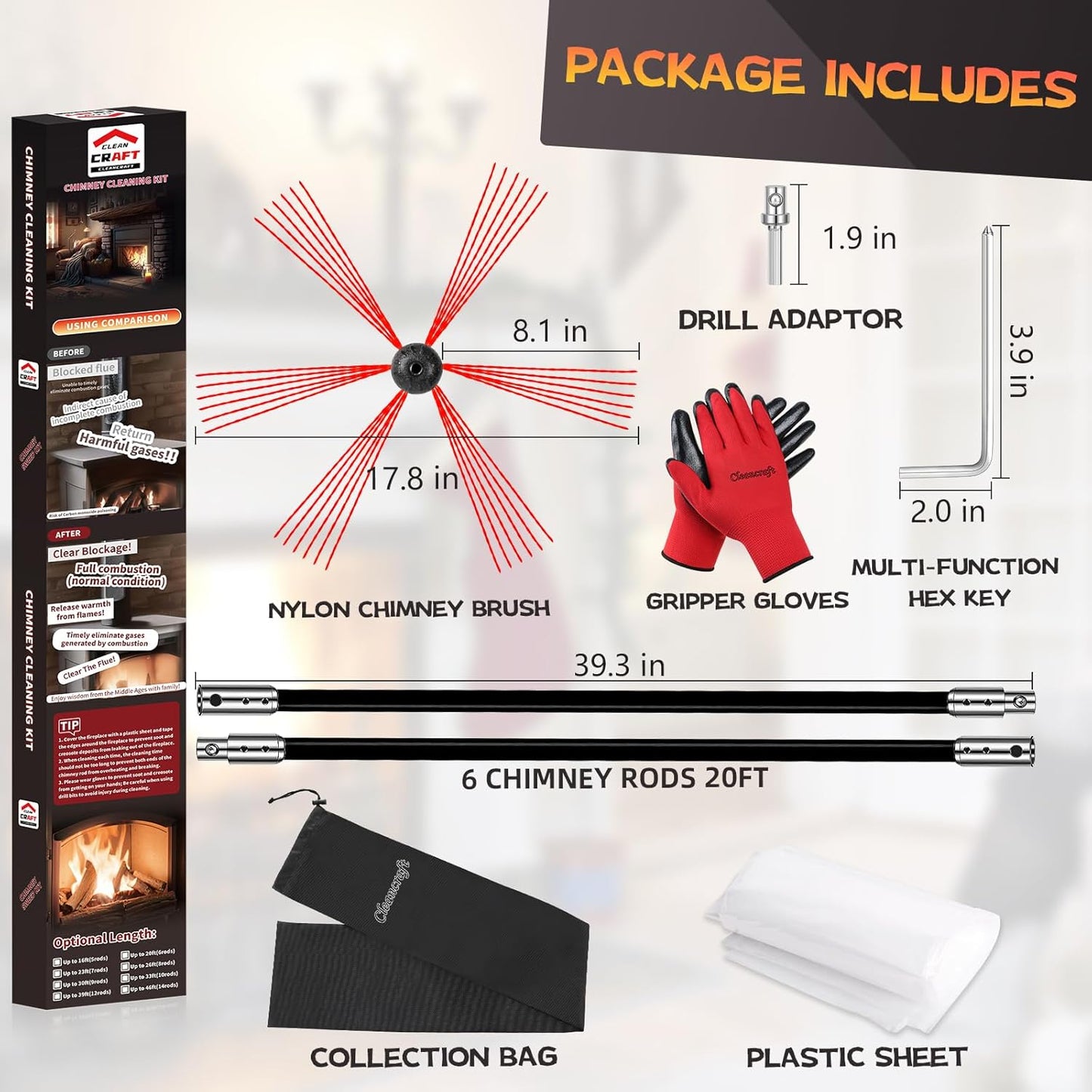 20 Feet Chimney Sweep Kit, Chimney Cleaning Kit with 6 Flexible Black Chimney Rods, Chimney Brush, Rotary Chimney Cleaning System Driven by Drill