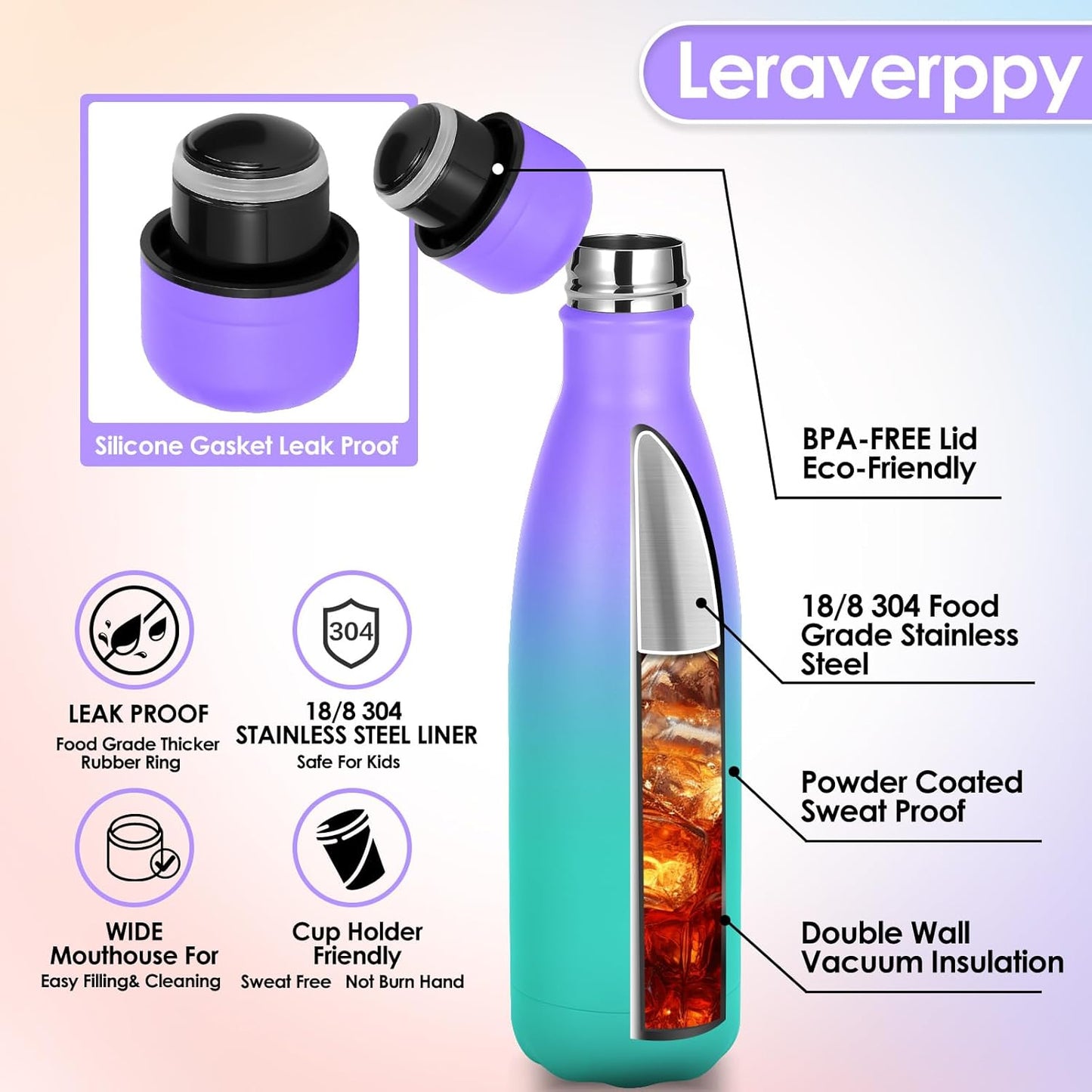 17oz Cola-Bottle Shaped Stainless Steel Leak-proof Water Bottle,Double Wall Vacuum Insulated Metal,Travel Mug For Sports Indoors & Outdoors,BPA-Free Kids Flasks,Purple Green(4Pack)