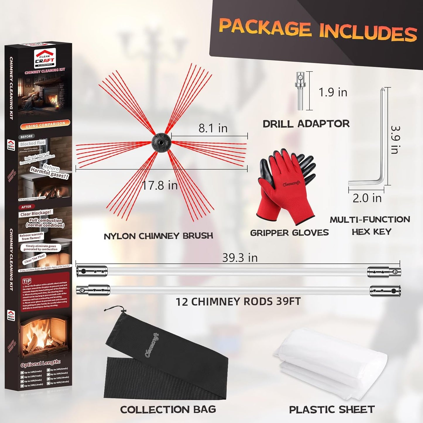 39 Feet Chimney Sweep Kit, Chimney Cleaning Kit with 12 Flexible White Chimney Rods, Chimney Brush for Sweeping Fireplace, Rotary Chimney Cleaning System Driven by Drill