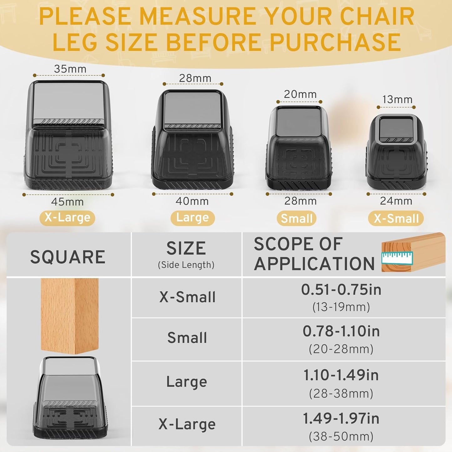 24PCS Square Chair Leg Floor Protectors, Furniture Sliders, Chair Leg Protectors for Hardwood Floors, Non-Slip Felt Furniture Pads, Silicone Cap Covers to Protect Floors, (Fit 1.1" - 1.5")