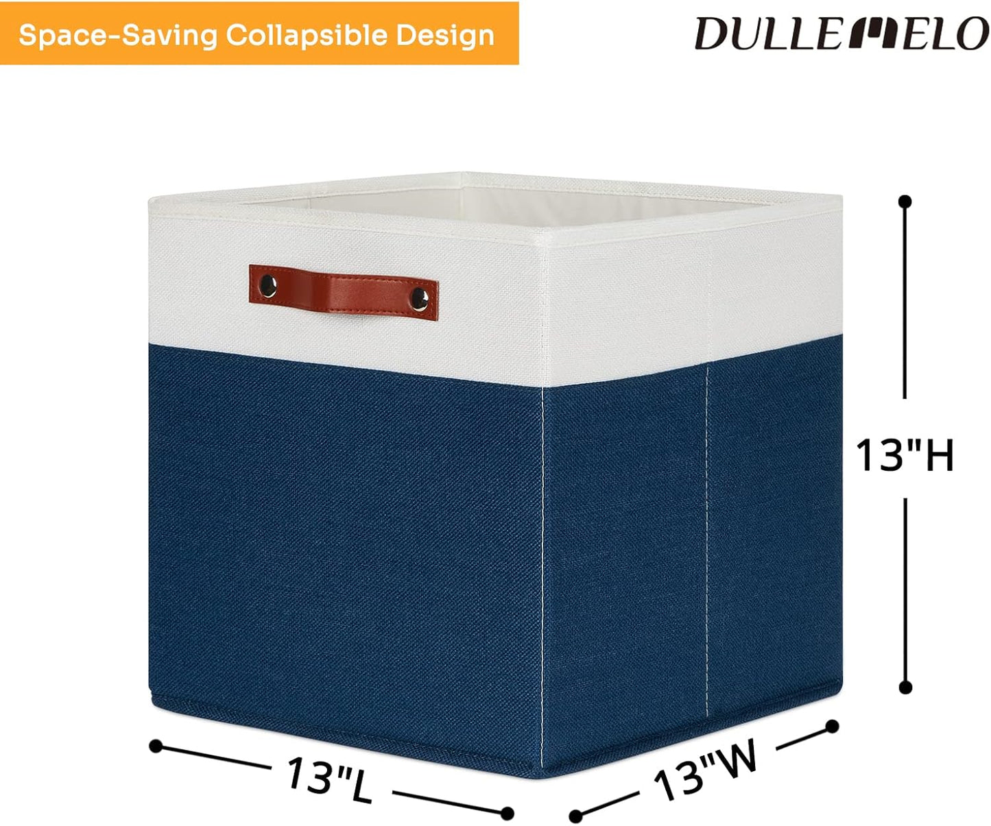 DULLEMELO 13 inch Cube Storage Bins, Gift Baskets Empty for Boy Girl Mother Father Christmas Festival,Fabric Storage Bins Cube Organizer Baskets With Leather Handles(White&Blue-4 Pack)