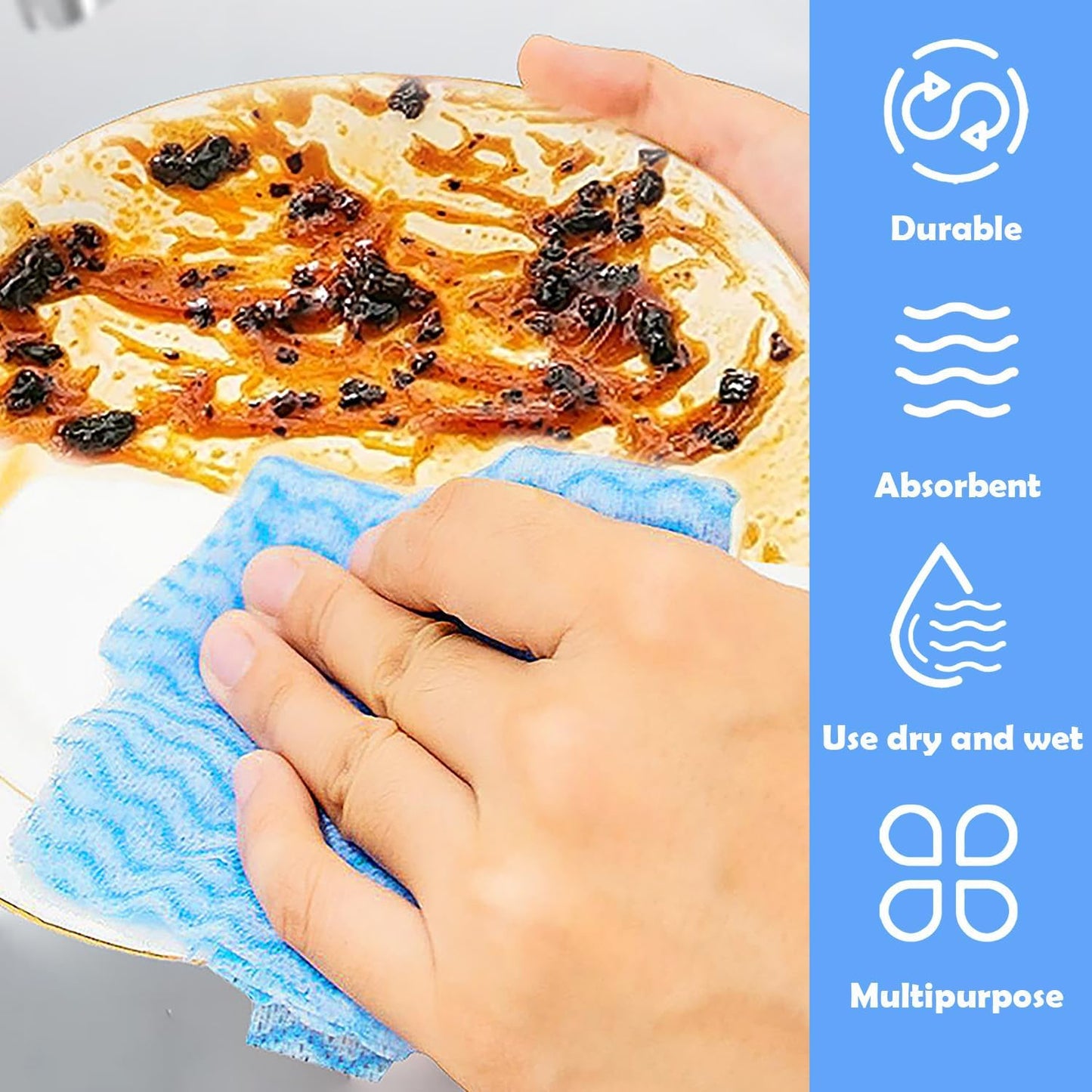 Disposable Cleaning Cloths Multi-Purpose Heavy Duty Disposable Dish Cloth Dish Rags for Kitchen, 7.87 x 15.75 inches -100 Counts/Pack,Blue
