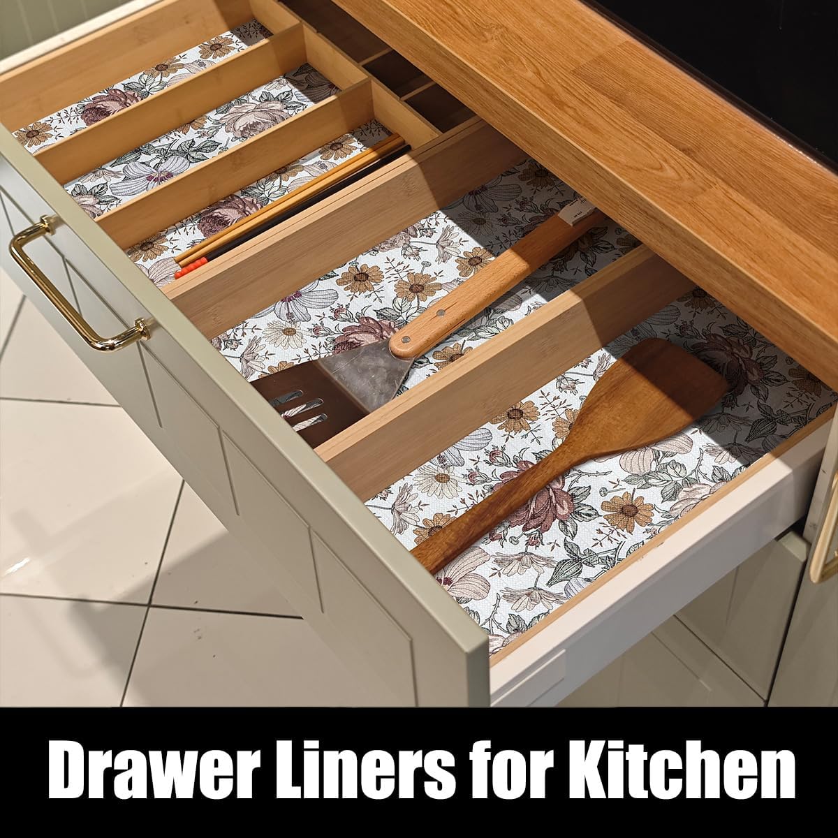 Floral Drawer Shelf Liners, Non Adhesive and Strong Non-Slip Cabinet Drawer Shelf Liners for Kitchen Wire Fridge, Waterproof Shelf Liner,Easy to Clean,12IN x 10FT