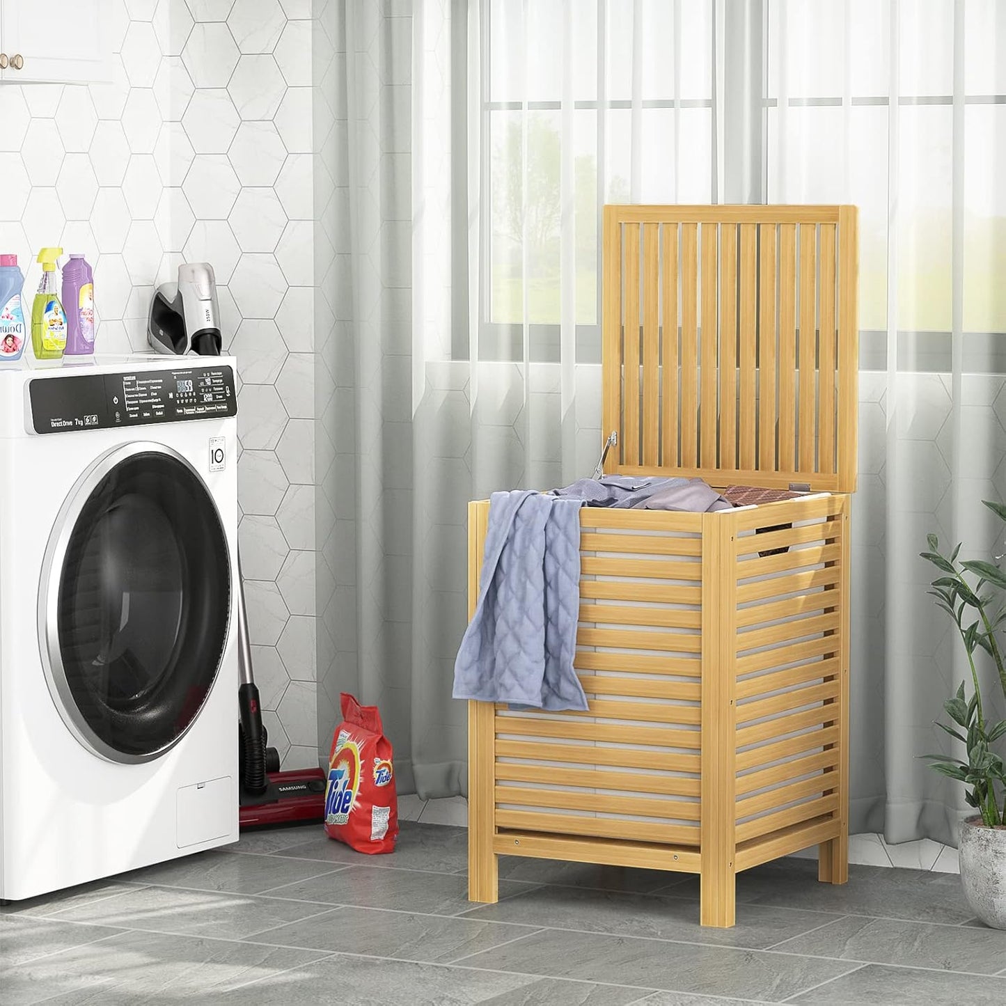 Homykic Bamboo Laundry Hamper with Lid, 120L Large Clothes Laundry Sorter with Removable 2-Section Liner Bag, Raised Laundry Basket Organizer for Clothing, Bathroom, Bedroom, Laundry Room, Natural