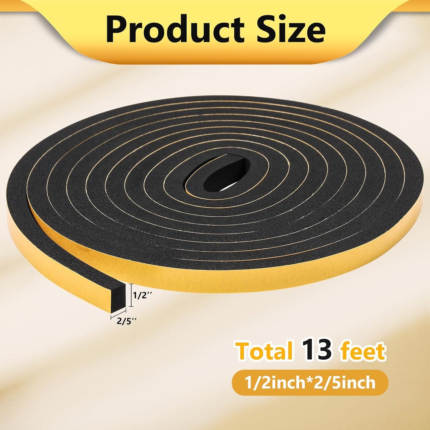 13Feet Weather Stripping (1/2 Inch X 2/5 Inch) Door Seal Strip, Strong Adhesive, Lightproof, Soundproof, Weatherproof Foam Tape Insulation for Sliding Door, Front Door Frame, Windows- Black