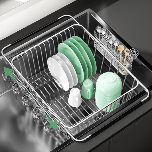 Dish Drying Rack in Sink, Extendable Stainless Steel Dish Drainers for Kitchen Counter, Anti-Rust Dish Dryer Rack with Utensil & Cup Holders, for Inside Sink, Over The Sink