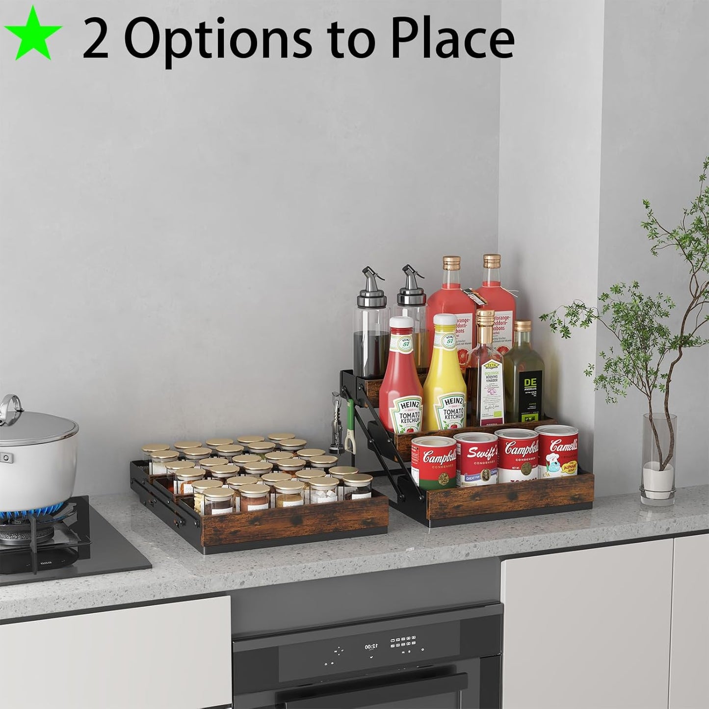 3 Tier Foldable Spice Rack Organizer for Countertop, Step Shelf with Spice Jars for Kitchen Cabinet Drawers Seasoning Rustic Wooden Spice Holder for Home, Cupboard or Door - 2PCS