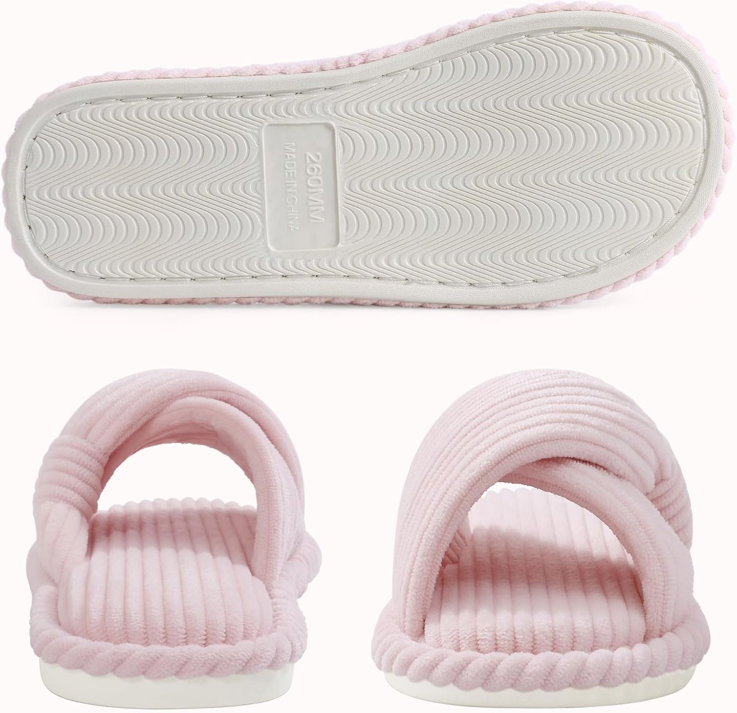 Evshine Summer House Slippers for Women Corduroy Cross Bow Indoor Slippers Open Toe Slip On Bedroom Shoes with Memory Foam