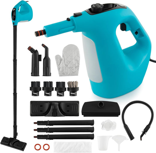 COSTWAY Handheld MultiPurpose Steam Cleaner with 17 Pieces, 350ml Large Capacity Steam Mop Continuous Fill water, Portable Chemical-Free Steamer for Home Use, Floors, Windows, 1400W, Blue