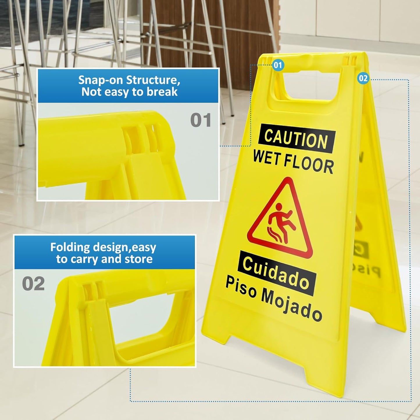4-Pack Caution Wet Floor Sign, 17.5" Height, Bright Yellow, Double-Sided A-Shaped Frame Design, Bilingual Caution Message