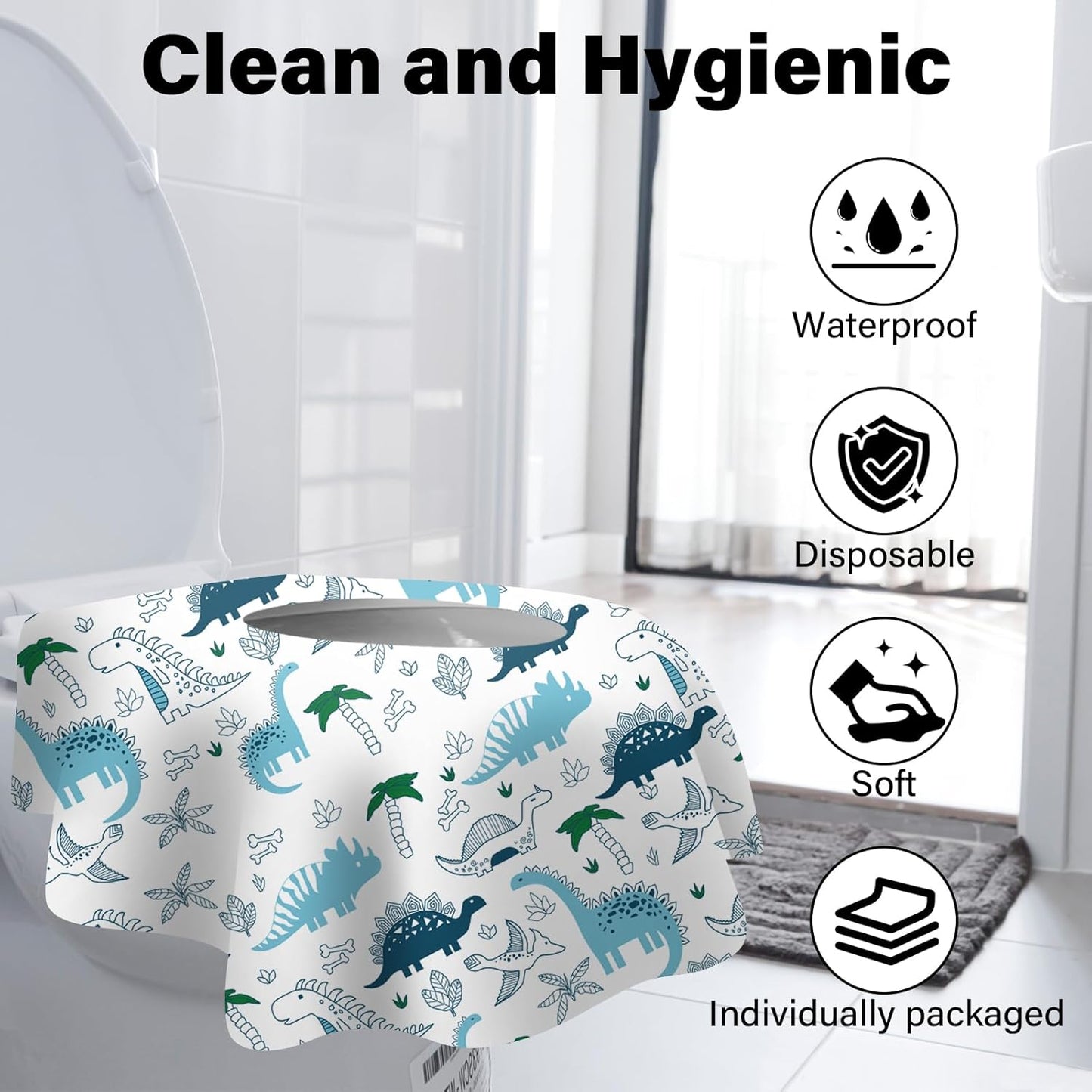 60 Pack Toilet Seat Covers Disposable, Extra Large Waterproof Toilet Cover for Toddlers & Adults, Individually Wrapped Travel Essential Portable Potty Training in Public Restrooms, Trip - Dinosaur