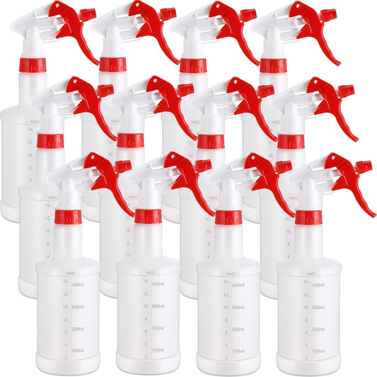 Eccliy 12 Pcs 16 Oz Plastic Spray Bottle, Adjustable Empty Reusable Sprayer for Cleaning, Planting, Water, Bathroom and Kitchen, BBQ, Commercial and Residential(Red & White,Measurement)