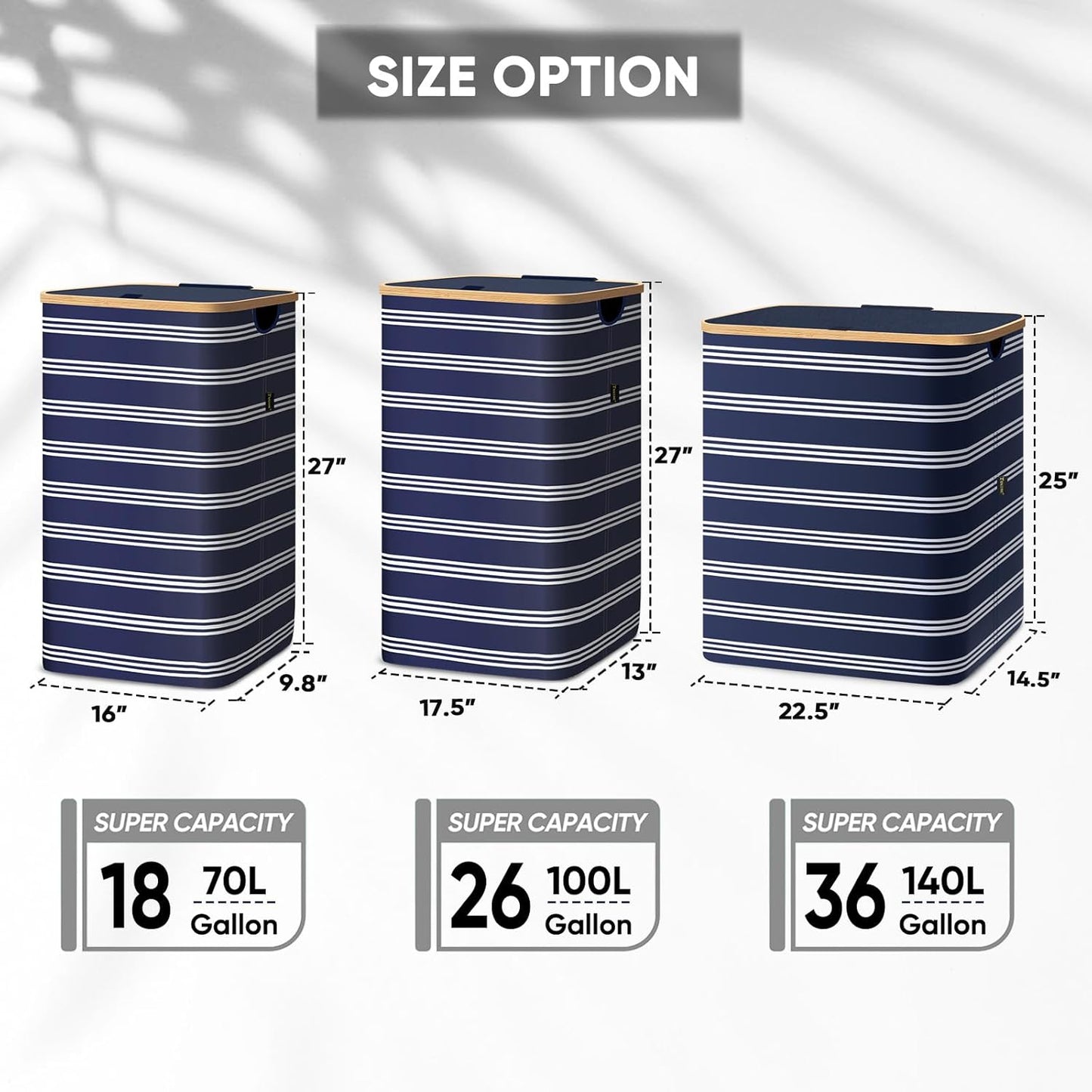 BALEINE Laundry Hamper with Lid, Tall Laundry Baskets with Bamboo Pull Handles, Large Laundry Bin with Internal Support (36 Gal/140L, Blue Pinstripe)