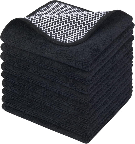 KinHwa Kitchen Washcloths for Dishes Absorbent Microfiber Dish Cloths Quick Dry Dish Rags with Poly Scour Scrub Side Ideal for Kitchen Cleaning (Black, 12inchx12inch 9 Pack)