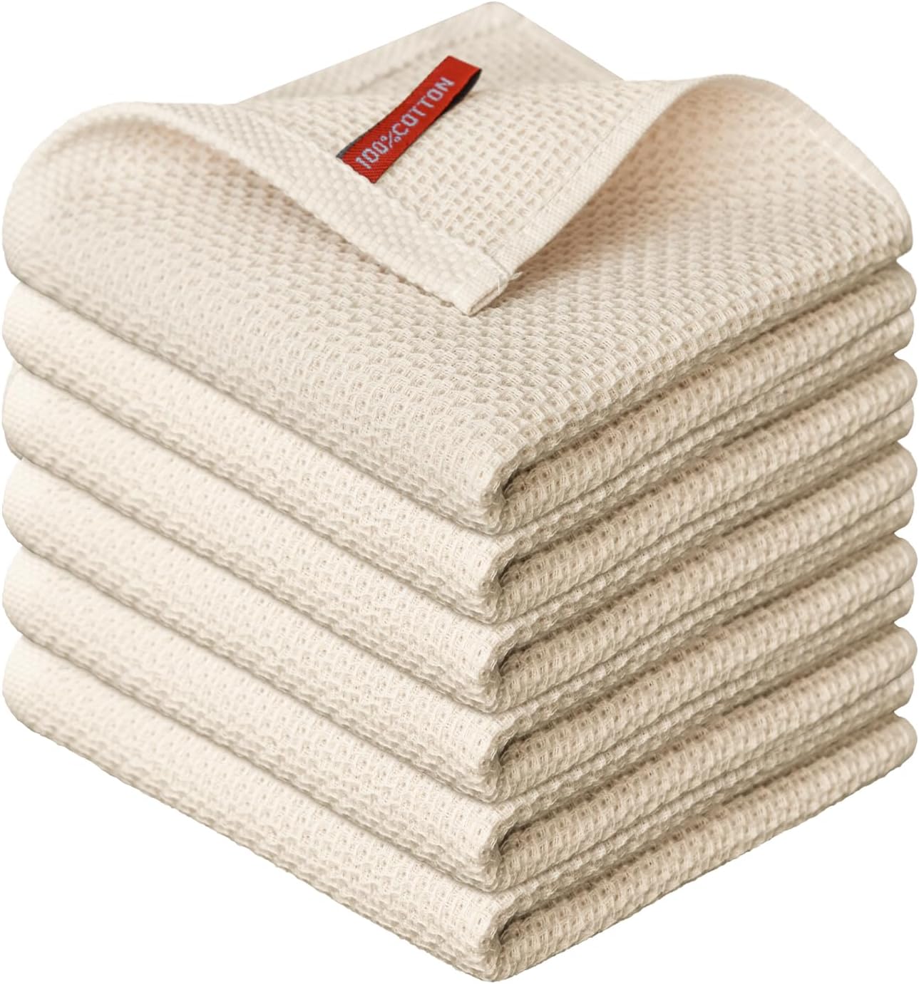 Artoid Mode 100% Cotton Beige Waffle Weave Kitchen Dish Cloths, 12x12 Inch Ultra Soft Absorbent Quick Drying Kitchen Dish Towels Set of 6