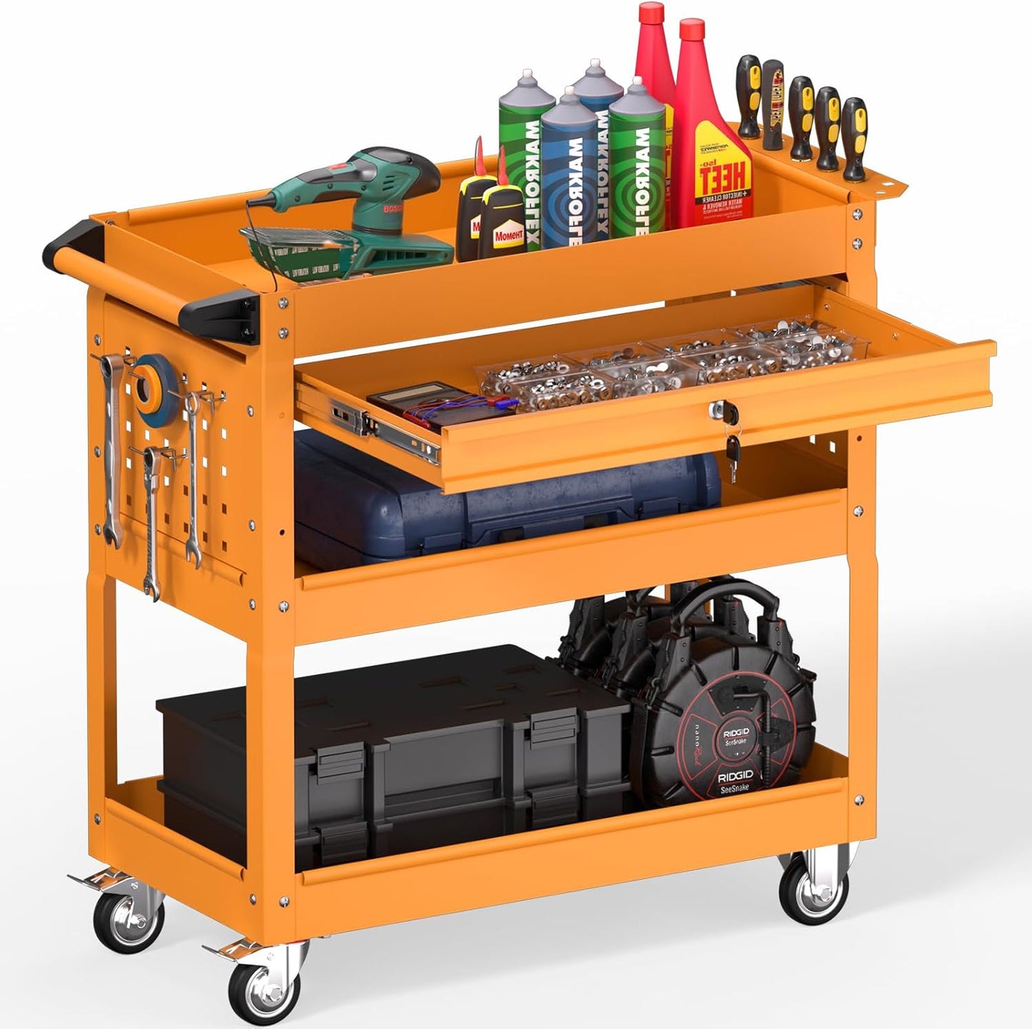 3 Tier Rolling Tool Cart on Wheels, Heavy Duty Service Cart Industrial Utility Cart with Drawer and Screwdriver Rack Pegboard, 550 LBS Mobile Tool Storage Organizer for Garage, Workshop (Orange)
