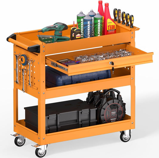 3 Tier Rolling Tool Cart on Wheels, Heavy Duty Service Cart Industrial Utility Cart with Drawer and Screwdriver Rack Pegboard, 550 LBS Mobile Tool Storage Organizer for Garage, Workshop (Orange)