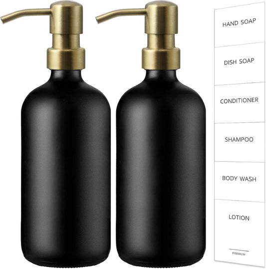 GMISUN Gold Soap Dispenser, 2 Pack Matte Black Glass Bathroom Hand Soap Dispenser with Rustproof Golden Pump, 17 Fl Oz Kitchen Hand and Dish Soap Dispensers Set, Modern Liquid Soap Lotion Bottle