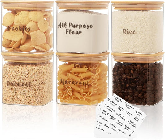 6 Pcs Square Glass Pantry Storage Containers with Bamboo Airtight Lid and 248 Clear Pantry Labels Preprinted - 24oz Thicken Glass Food Storage Jars for Coffee, Cookie, Tea, Sugar, Spice