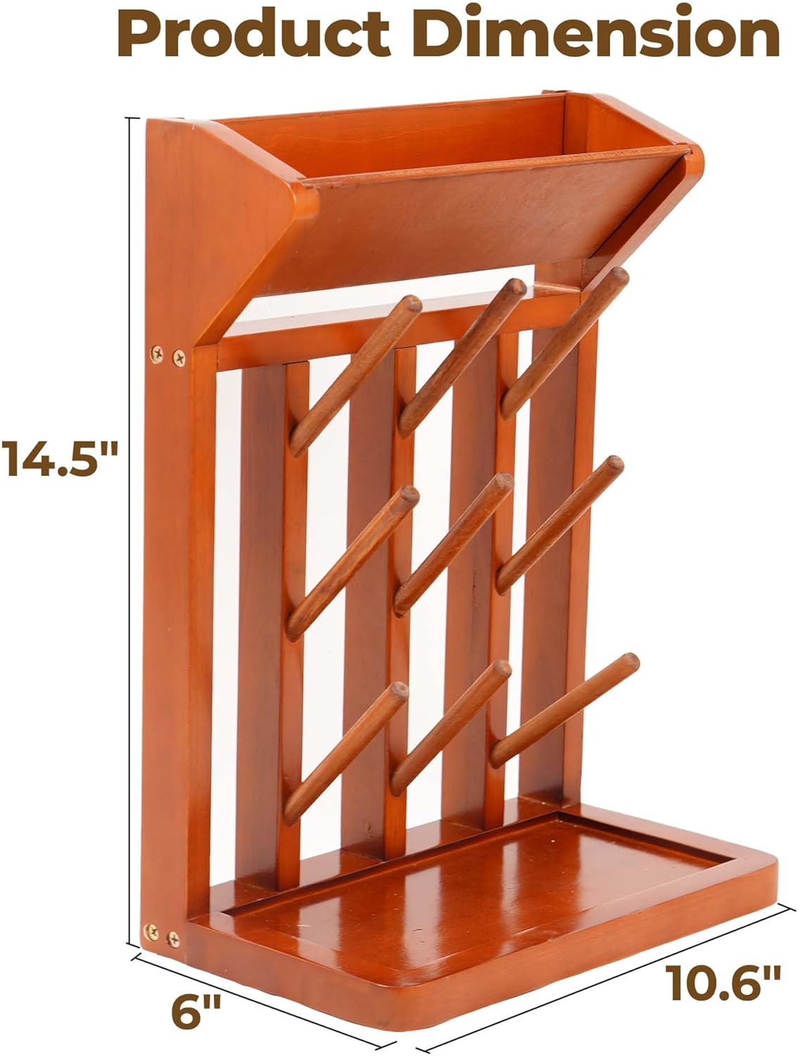 Brown Vertical Bottle Drying Rack Rubber Wood 9 Hooks, Use for Bottles, Cups, Mugs, Glasswine, Space Saving Storage Shelf Bottle Holder Dryer Kitchen