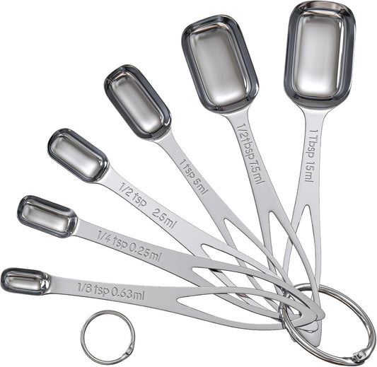 6PCS Narrow Measuring Spoons Set, Stainless Steel Measuring Spoon Fits in Spice Jars, Metal Teaspoon Measuring Spoons, Rectangular Tablespoon, Long Measuring Spoons for Dry & Liquid Ingredients