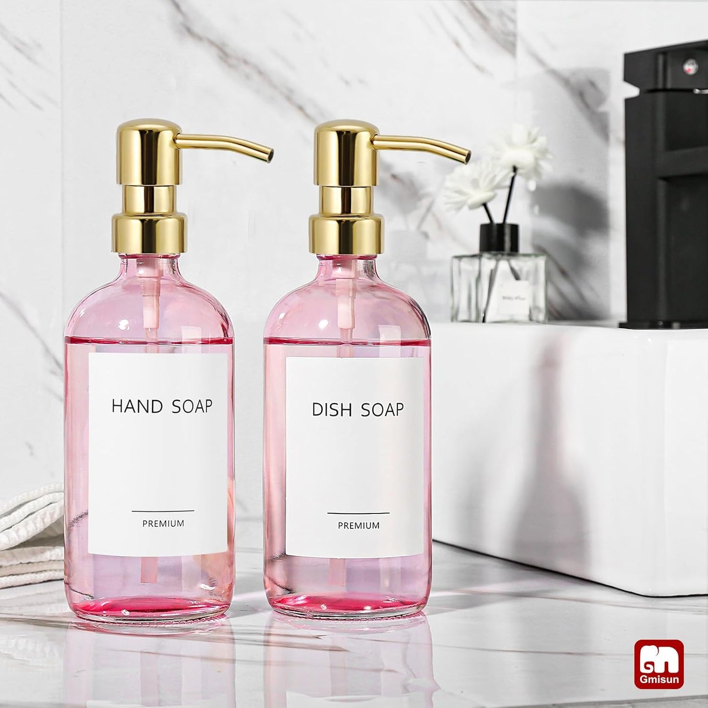 GMISUN Pink Soap Dispenser Bathroom, 2 Pack Kitchen Hand and Dish Soap Dispensers Set, 17 Fl Oz Pink Glass Soap Dispenser with Gold Pump, Refillable Modern Farmhouse Liquid Soap Pump Bottles