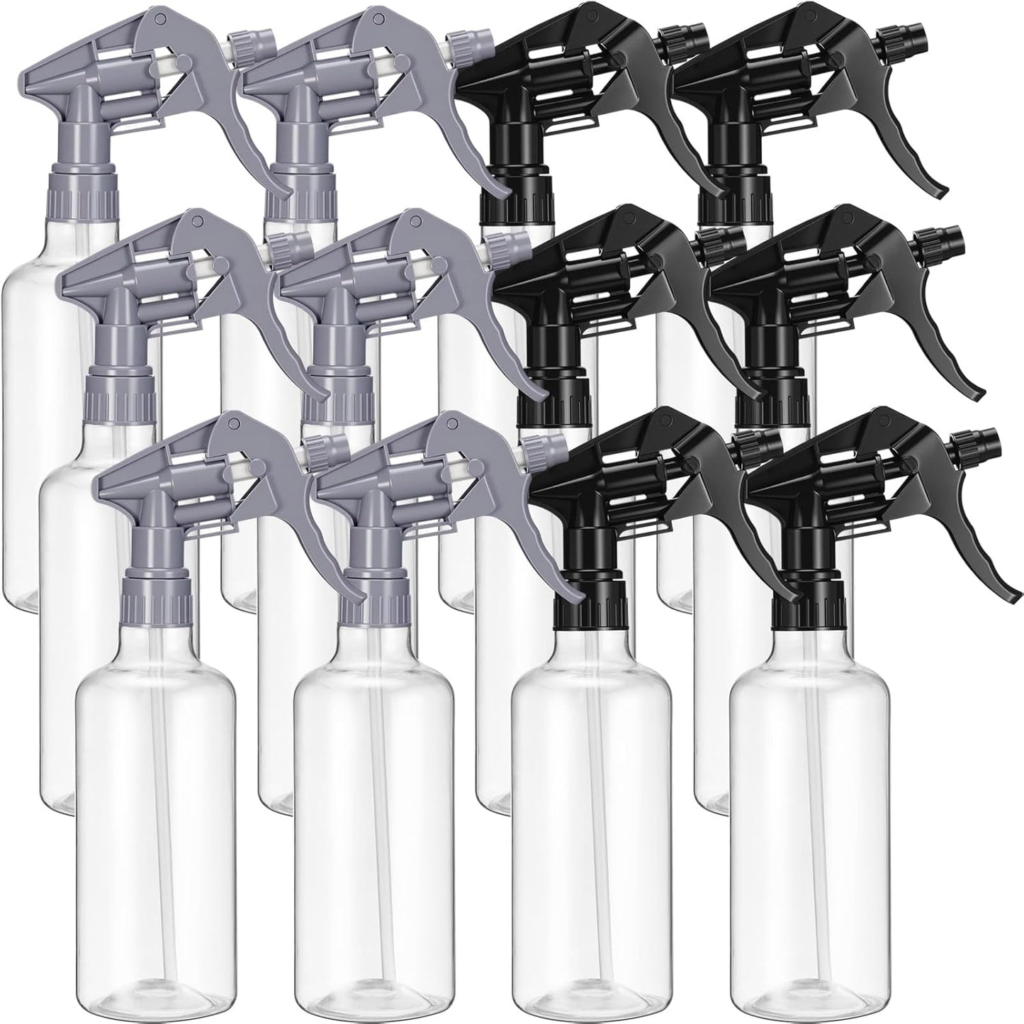 Eccliy 12 Pcs 16 Oz Plastic Spray Bottle, Adjustable Empty Reusable Sprayer for Cleaning, Planting, Water, Bathroom and Kitchen, BBQ, Commercial and Residential(Pure Grey & Pure Black,Clear)