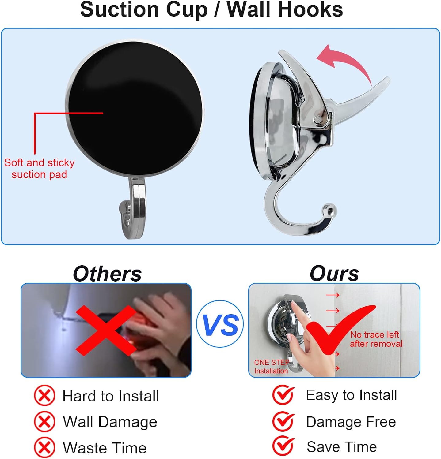 Heavy Duty Suction Cup Hooks for Shower, Bathroom Robe - Vacuum Glass Hooks, Reusable, No Hole Punched, for Garland Decoration (Silver, 6 Pack)