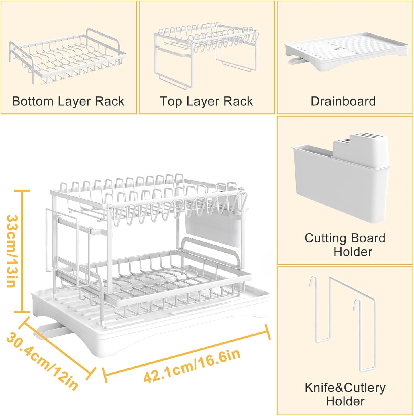 Dish Drying Rack Carbon Steel Dish Rack for Kitchen Counter, 2-Tier Kitchen Organizers and Storage Rack with Drainboard and Cutlery Holder, Large