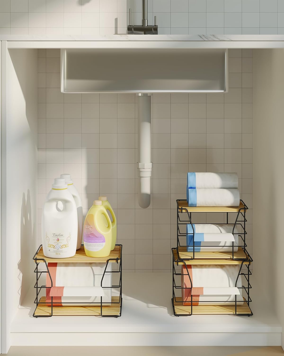 3 Pack Trash Bag Holder/Dispenser, Stackable Storage Laundry Kitchen Organizers for Countertop Organization, Wall Mount Garbage Bag Dispenser with wooden Top, No Drill