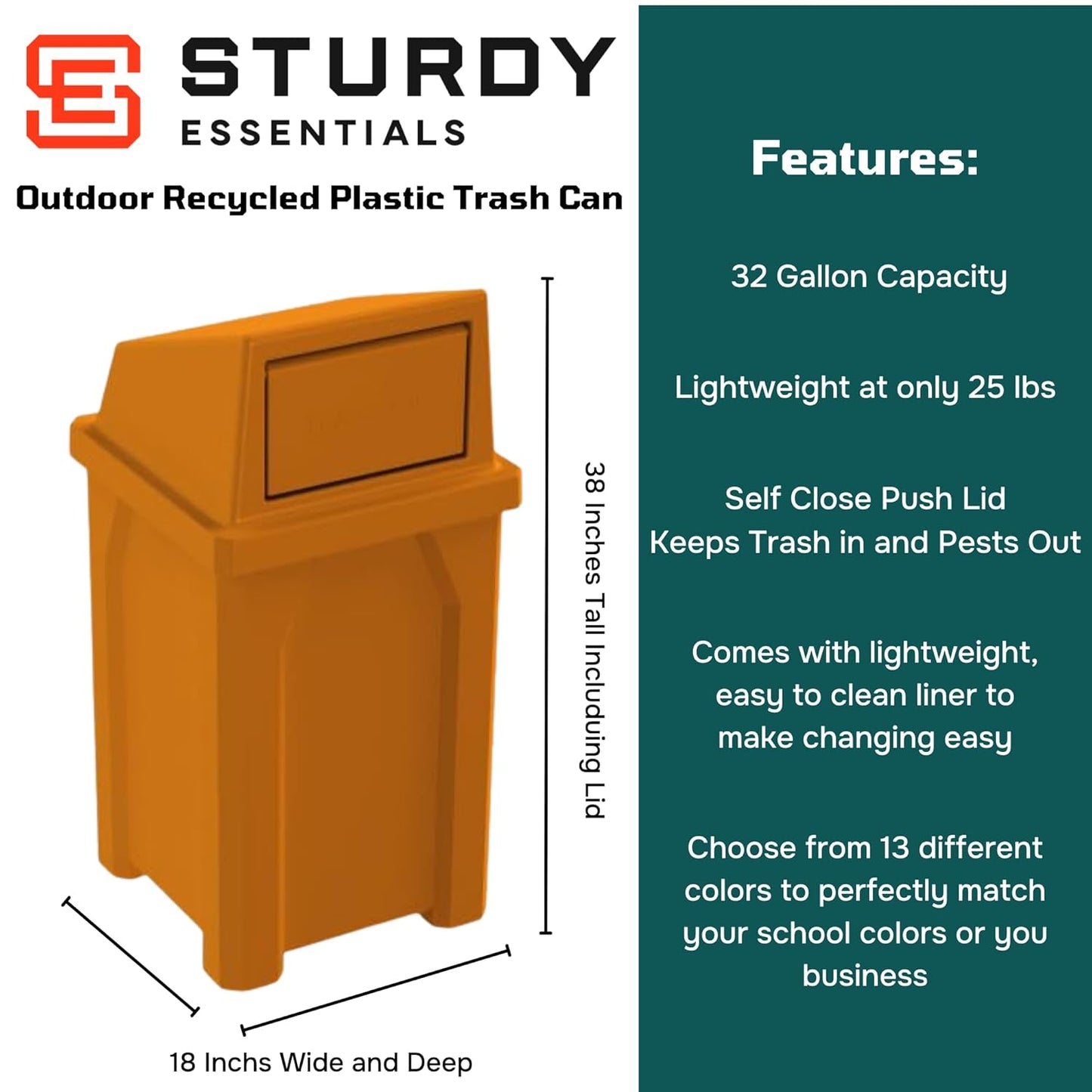 32 Gallon Square 100% Recycled Plastic Heavy Duty Outdoor Trash Can with Push Lid - Great for Schools and Businesses - Orange