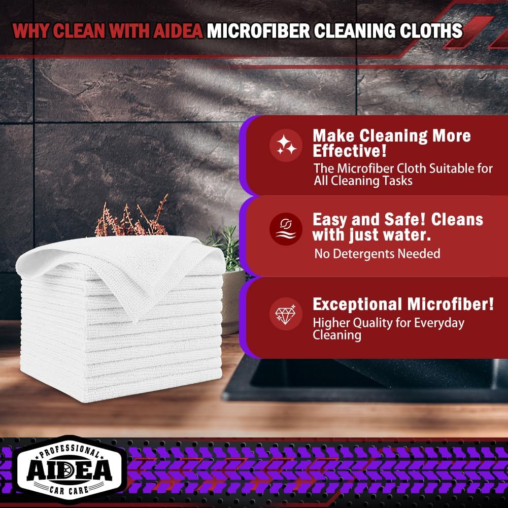 AIDEA Microfiber Cleaning Cloth White 150PK, Microfiber Towels for Cars, Premium Car Cloth, Dusting Cloths Lint Free Cleaning Rags for SUVs, House, Kitchen, Window, Workshops,12×12"