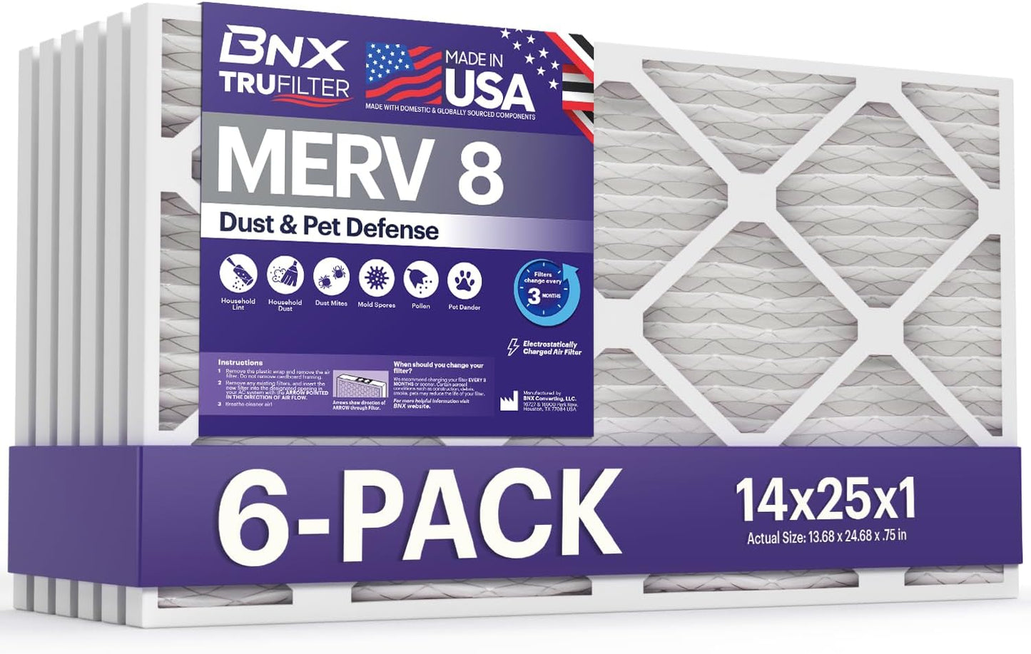 BNX TruFilter 14x25x1 Air Filter MERV 8 (6 Pack) - MADE IN USA – Dust & Pet Defense Electrostatic Pleated Air Conditioner HVAC AC Furnace Filters for Dust, Pet, Mold, Pollen MPR 600 – 700 & FPR 5