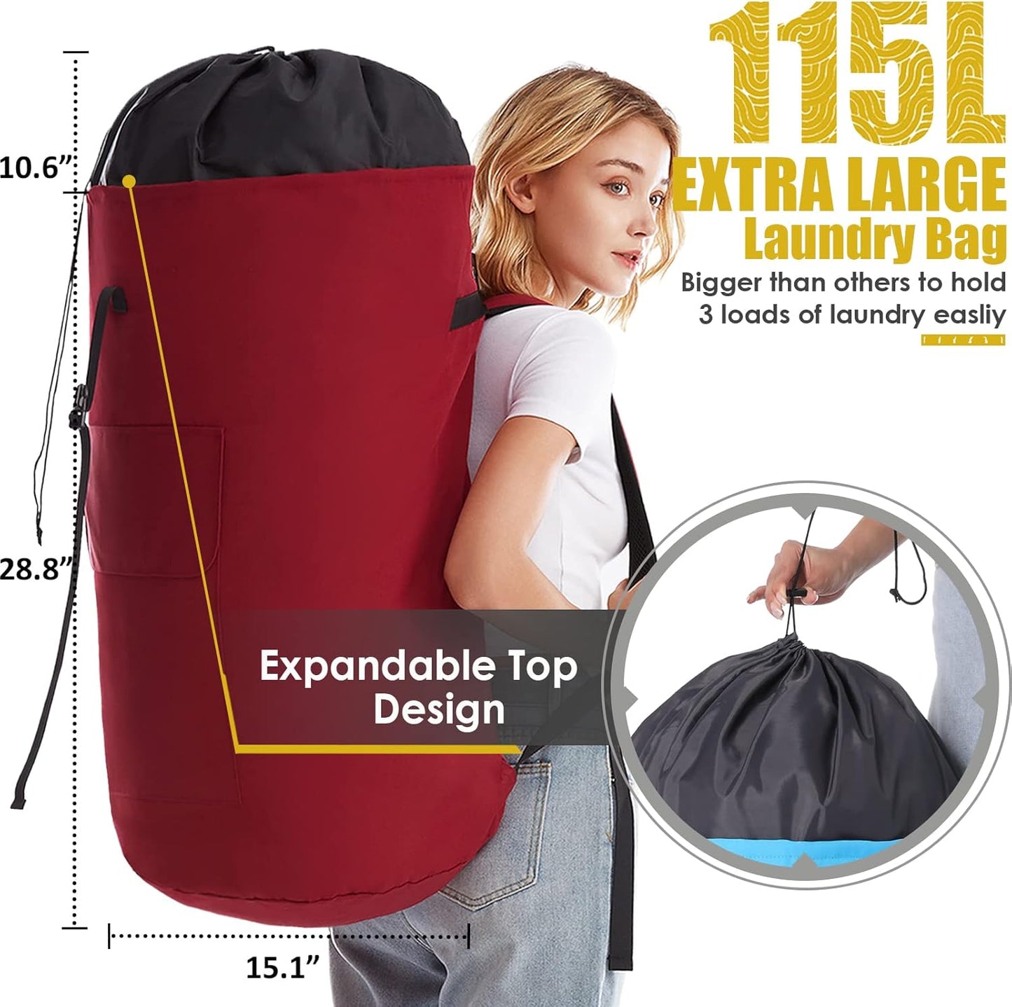 Extra Large Laundry Bag 115L, College Dorm Room essentials, Laundry Backpack Bag for College, Red Laundry Bag Backpack, Heavy Duty Laundromat Bags, Portable Laundry Duffle Bag for Camping, Apartment