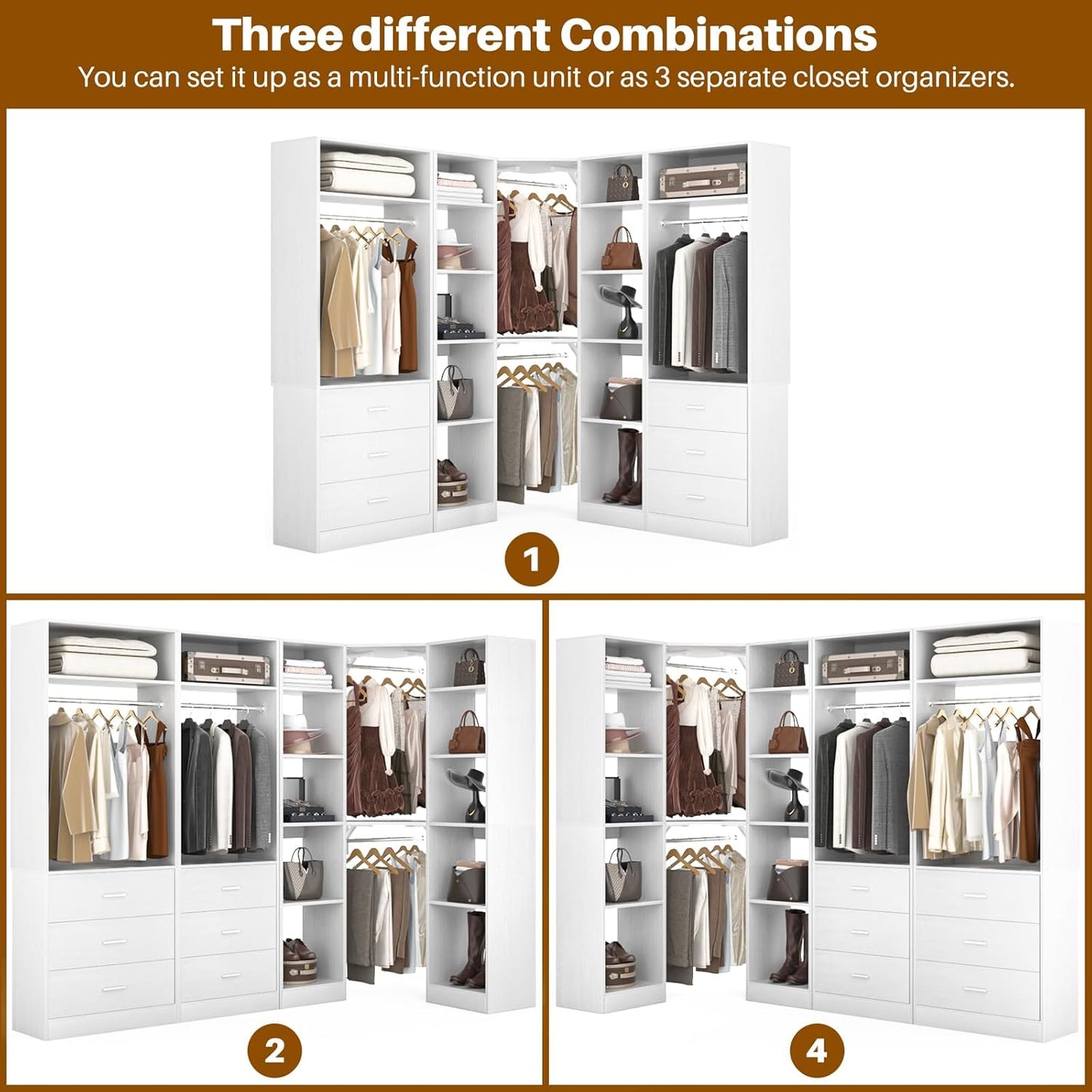 Corner Closet System with 6 Drawers, Closet Organizer System with 14 Shelves & 4 Hanging Rods, 87.2"L * 39.2"W / 63.2"L * 63.2"W Reversible L Shaped Walk-in Closets, Load 2500+LBS, White