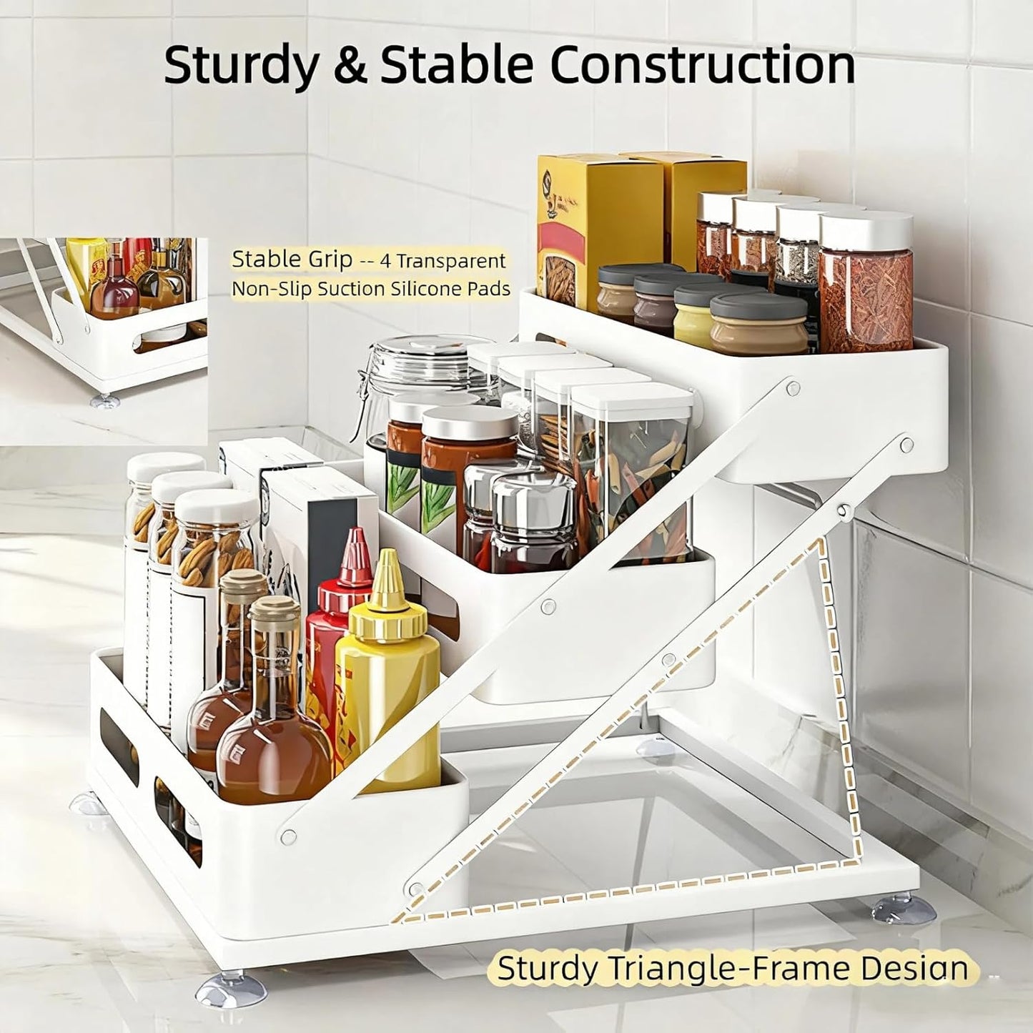 Bokelai Spice Rack 3 Tier Foldable Seasoning Organizer Jars Storage Holder Step Shelf for Cabinet Kitchen Countertop Pantry Coffee Bar White
