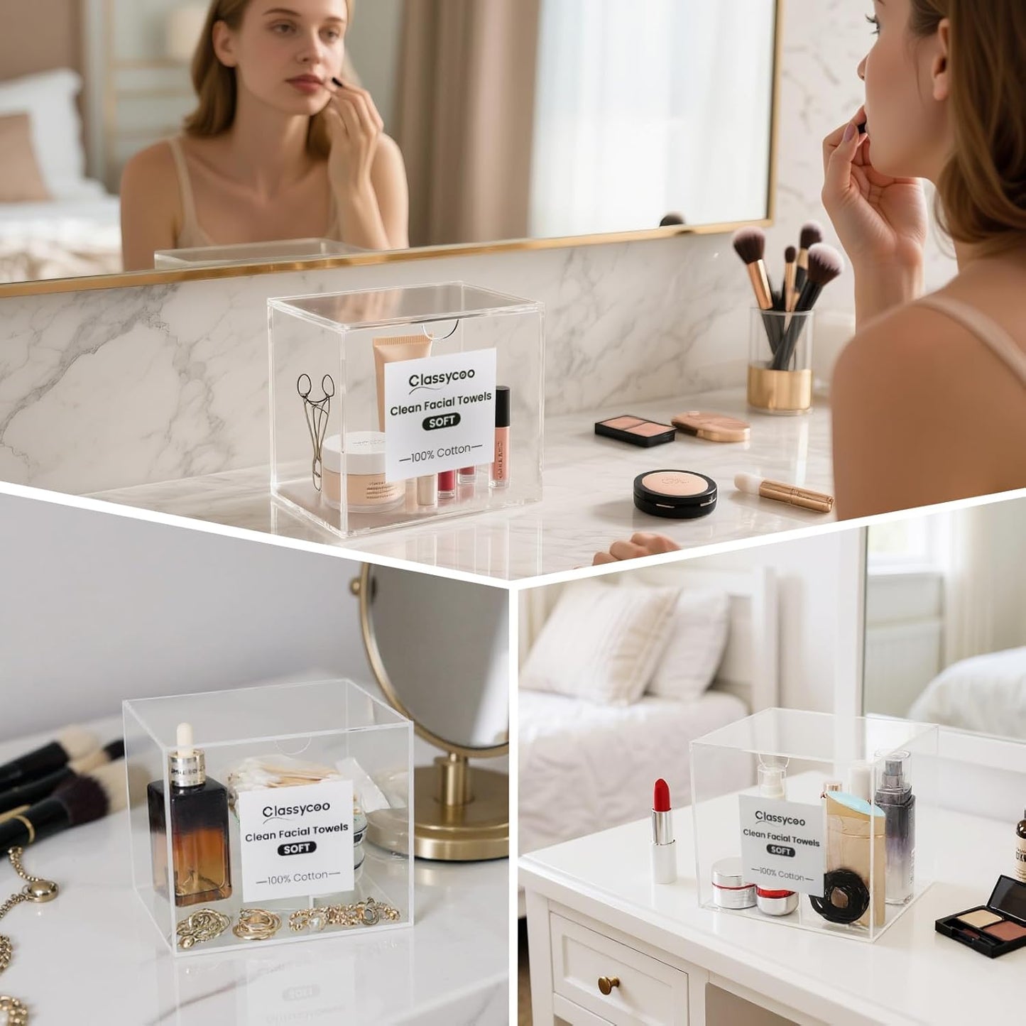 50 PCS Disposable Face Towel Holder, Acrylic Cosmetic Container for Clean Skin Club, XL Clean Towel Makeup Remover Wipes Waterproof Box for Dresser Countertop, Bathroom Storage(Includes Cotton Cloth)