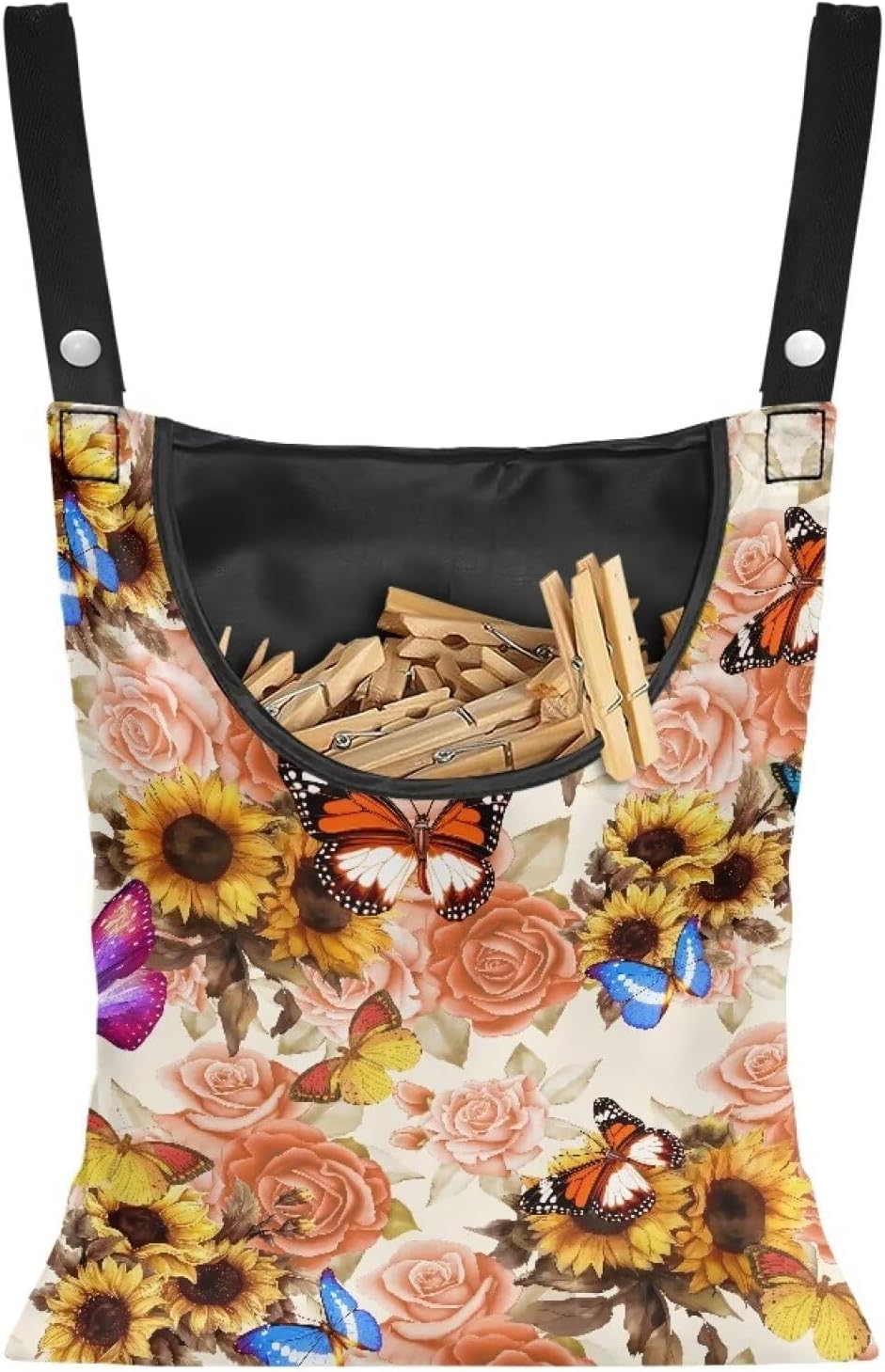Butterfly Clothespin Bag with Hanging Sunflowers Rose Hook Waterproof Clothes Pin Hanging Bag Space-Saving Clothespin Storage Organize Clothespin Bag for Clothesline Outdoor