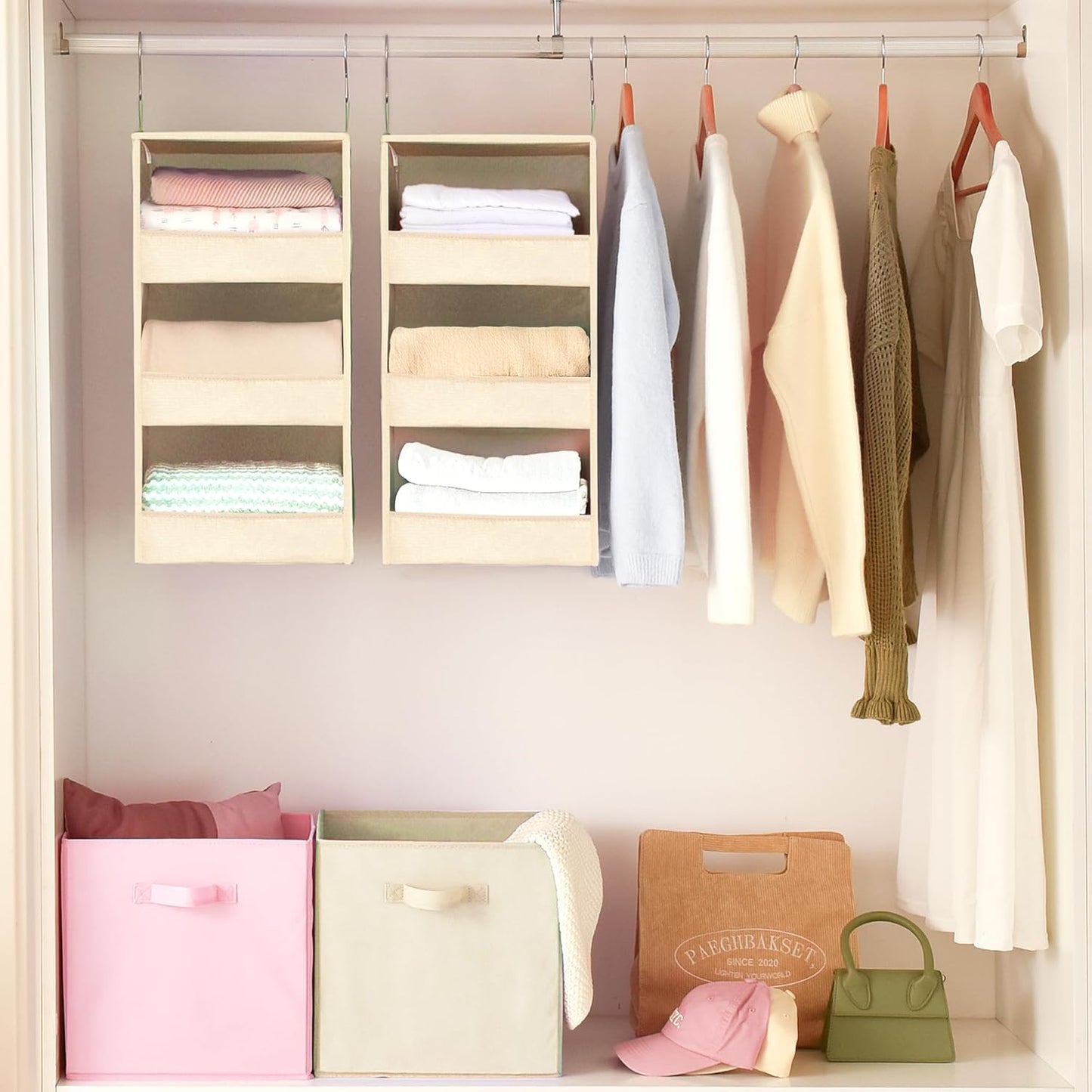 GRANNY SAYS 3 Shelf Hanging Closet Organizers and Storage, Collapsible Closet Storage Organizer with 2 Metal Hooks, Leak-Proof Hanging Shelves for Wardrobe, RV Camper, Locker, 2 Pack, Khaki